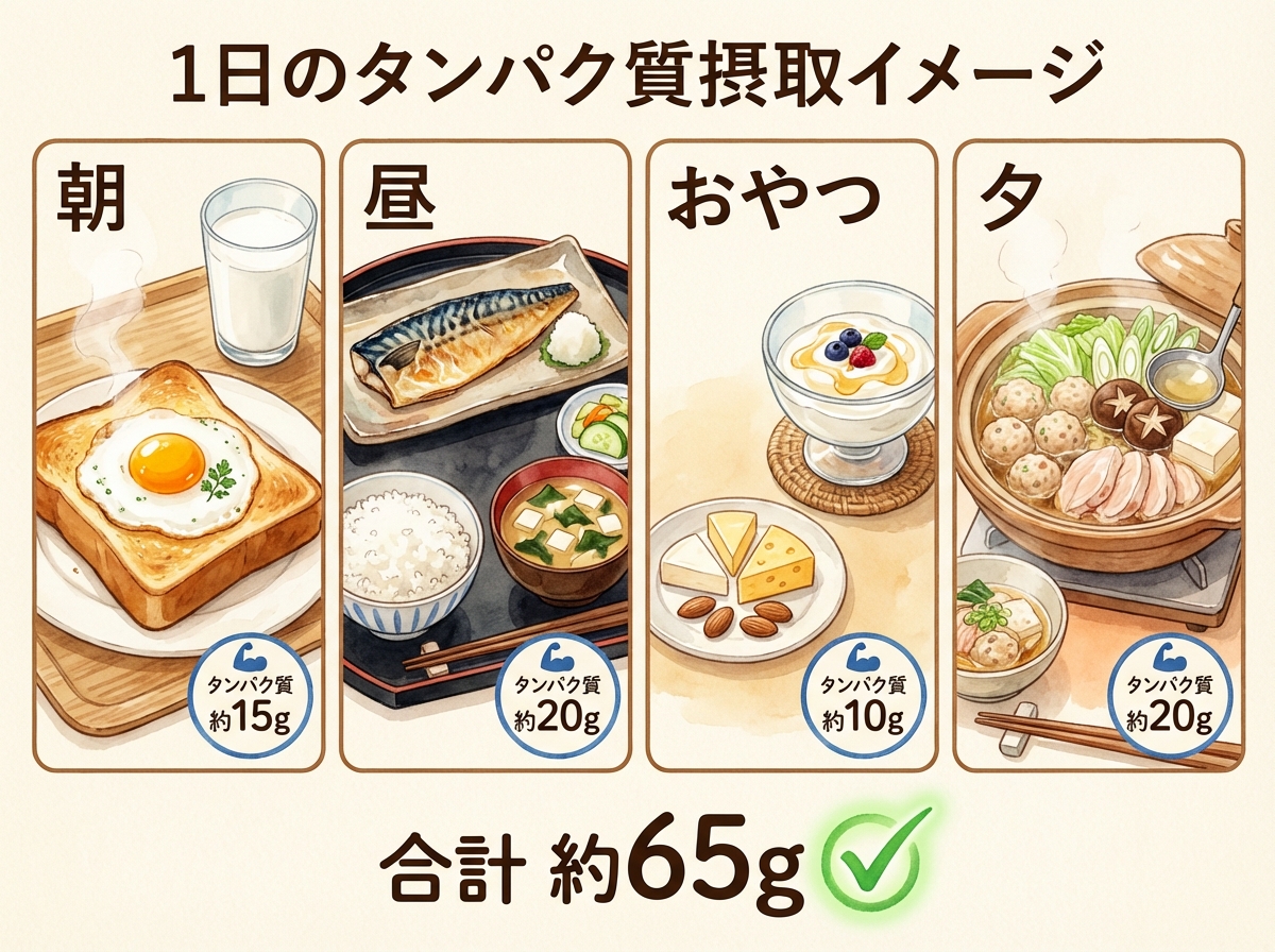 1日のタンパク質摂取プラン（朝・昼・おやつ・夕）