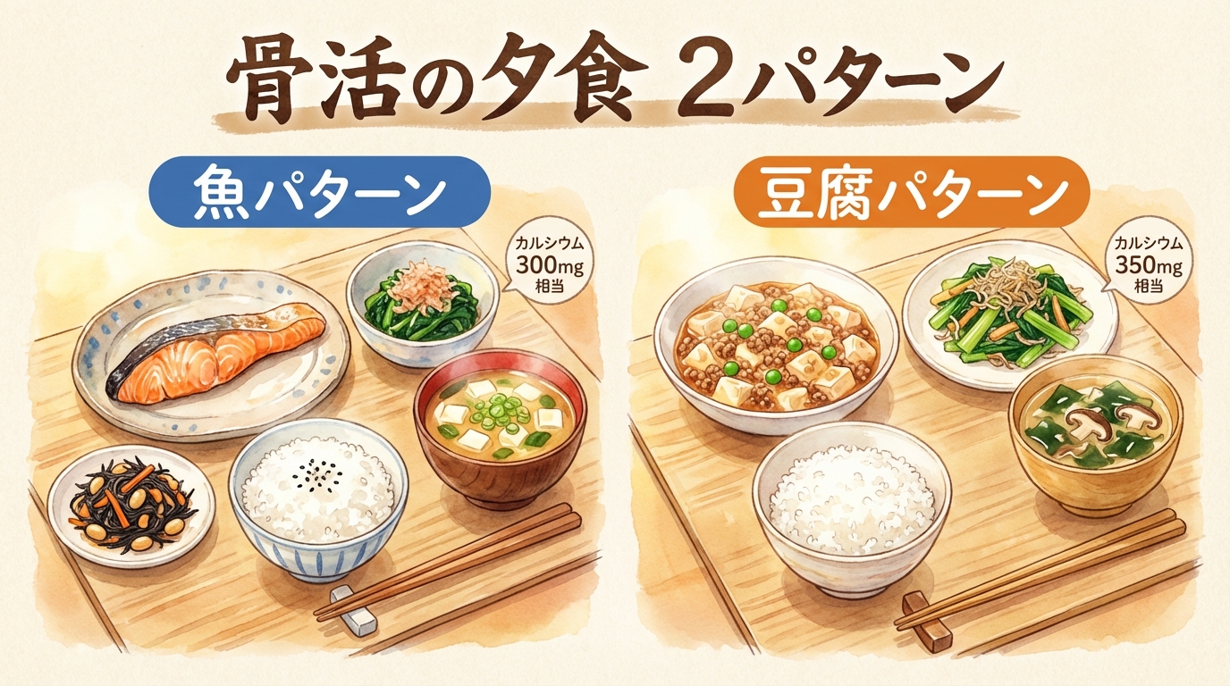 夕食の骨活メニュー(魚と豆腐の2パターン)
