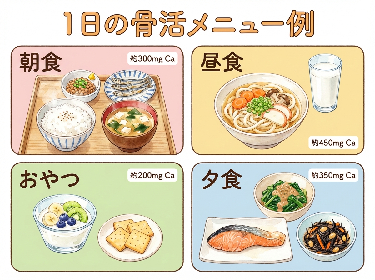 1日の骨活メニュー（朝・昼・おやつ・夕）