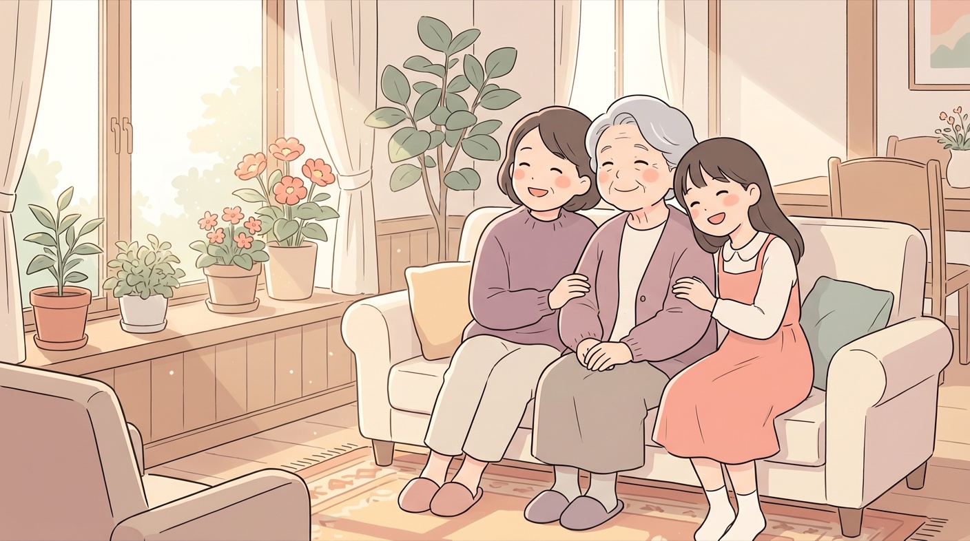 三世代の女性（祖母・母・娘）が日の差すリビングで、笑顔で寄り添っている温かい場面